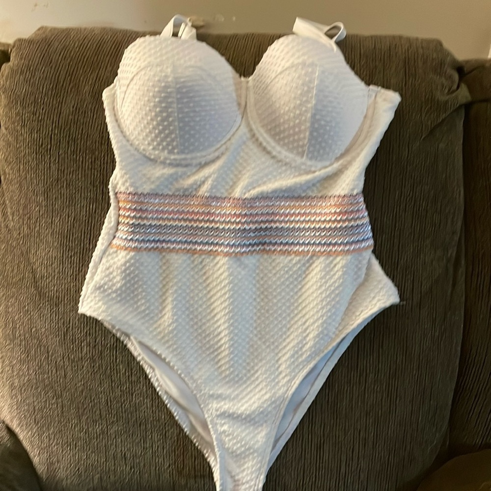 SHEIN white striped bathing suit brand new size medium